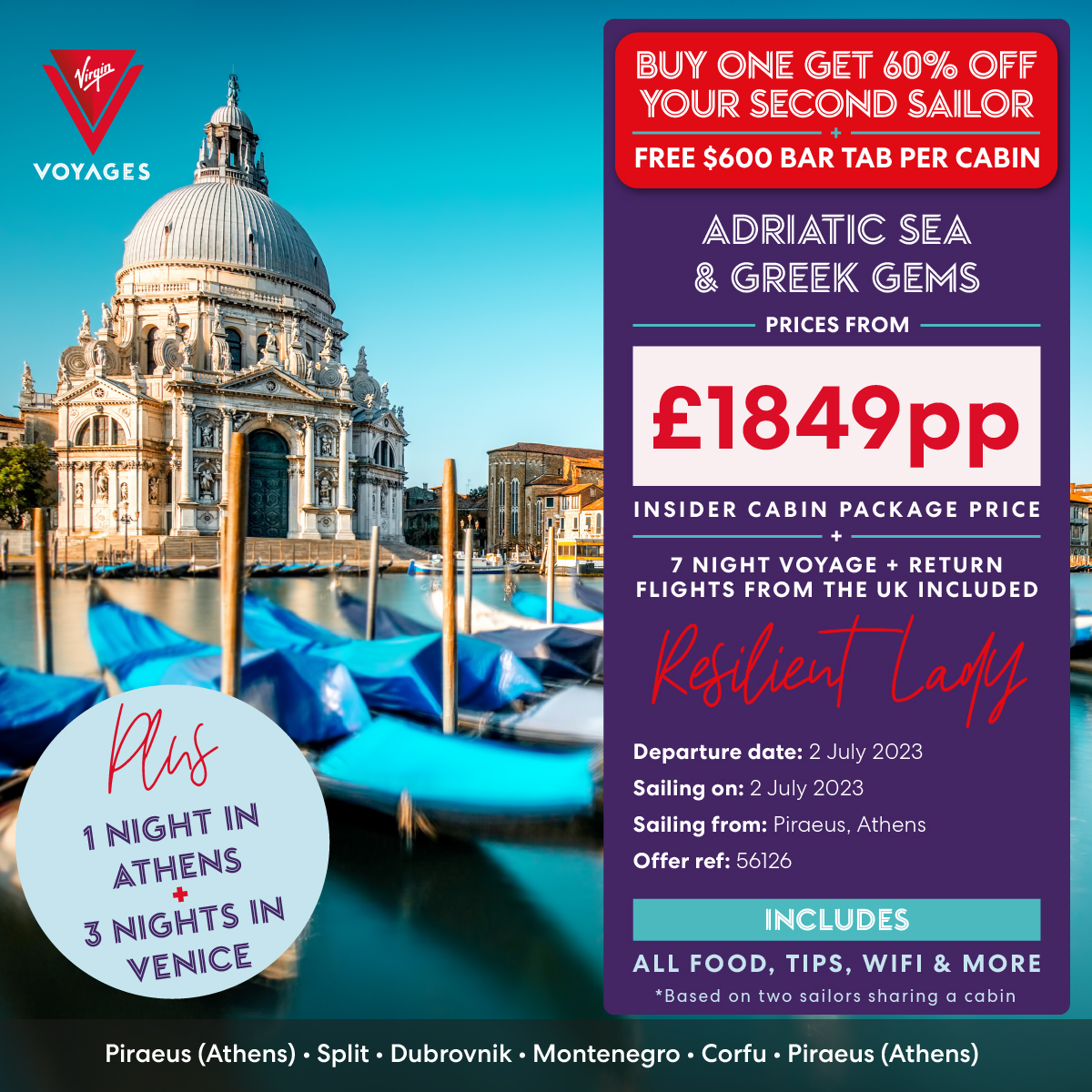 Set sail the Virgin Voyages way onboard the beautiful Resilient Lady and experience the best of the Adriatic sea. Enjoy gorgeous historical cities, ancient cultures and vibrant communities.