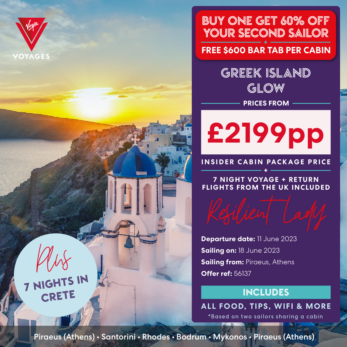 Set sail the Virgin Voyages way onboard the beautiful Resilient Lady on  sampling of the best Greek Islands. Whether you are looking for beautiful sunsets, or delectable plates to dine on, the Greek isles has it all.