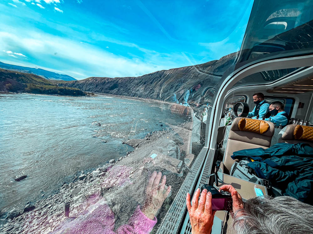 Rocky Mountaineer train winding through the Canadian Rockies
