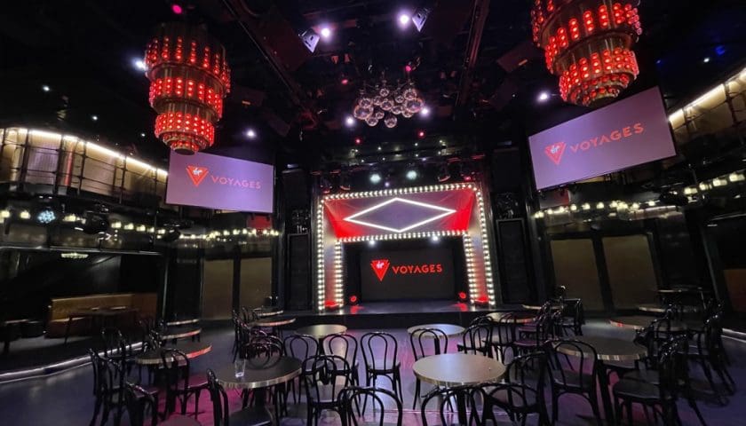 The Manor nightclub on Virgin Voyages, set up for a show