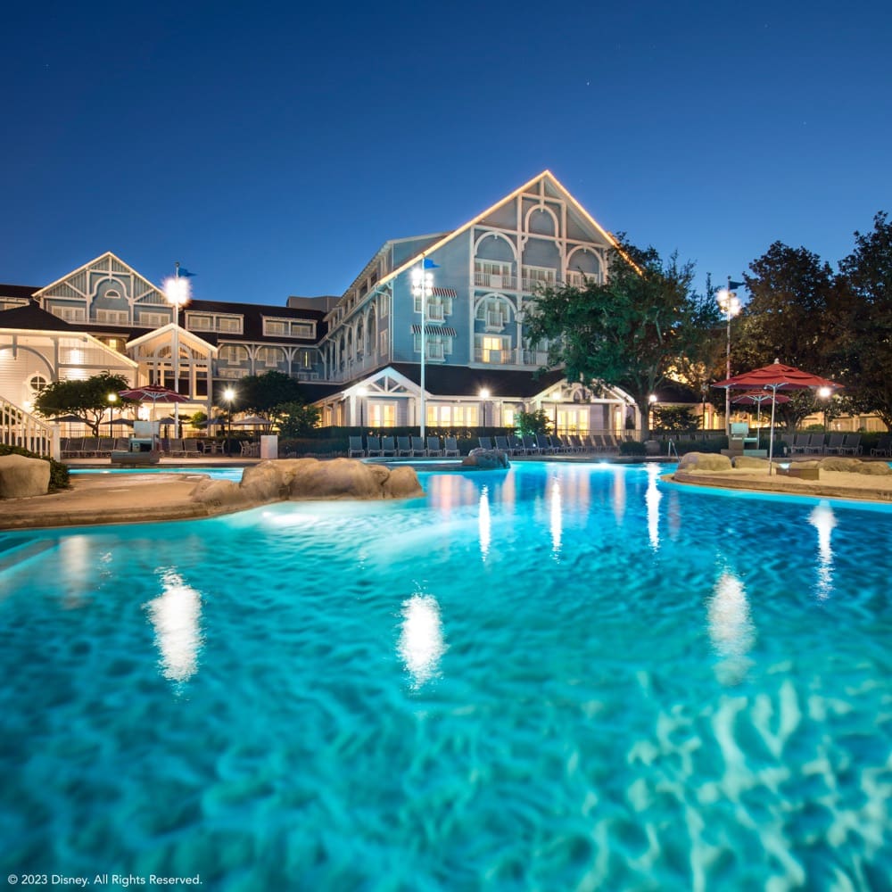 Disney's Beach Club Resort pool at dusk