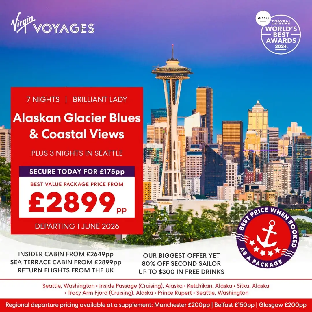 Virgin Voyages Alaskan Glacier Blues & Coastal Views