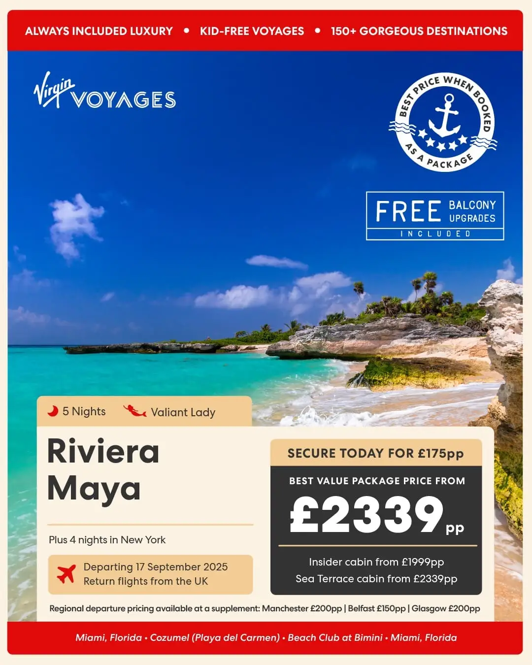 Riviera Maya with NYC Stay - Virgin Voyages Free Balcony Upgrade Offer