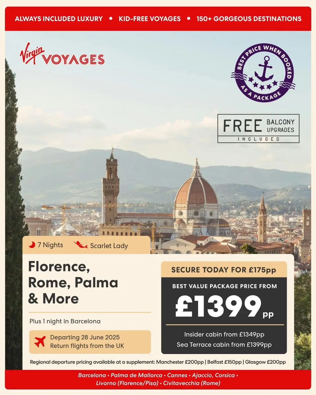 Florence, Rome, Palma & More - Virgin Voyages Free Balcony Upgrade Offer