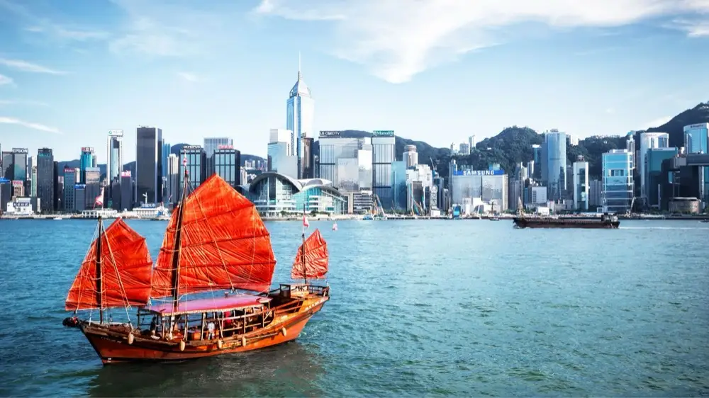 Traditional junk boat in Victoria Harbour, Hong Kong