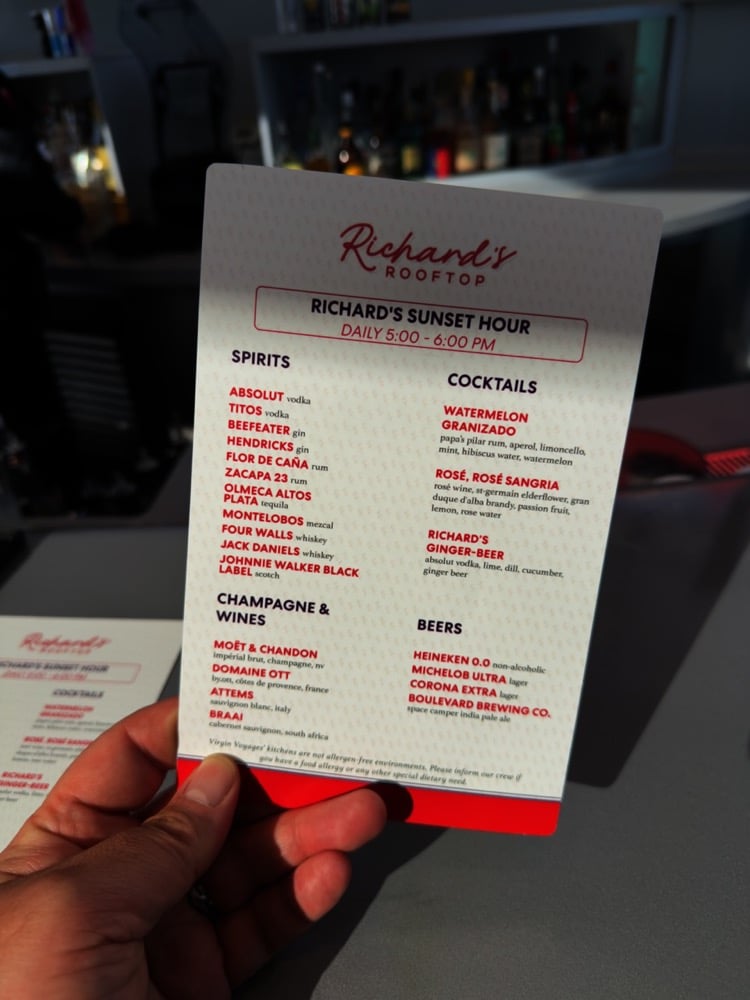 Virgin Voyages Richards Rooftop Sunset Hour Open Bar Menu
