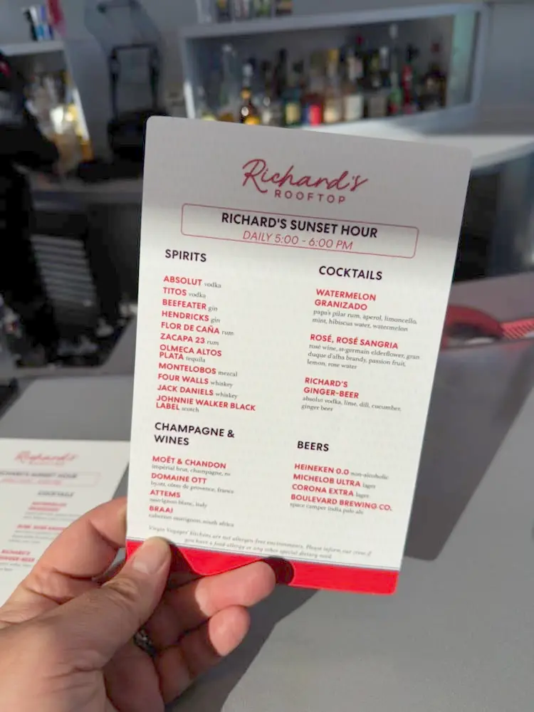 Virgin Voyages Richards Rooftop Sunset Hour Open Bar Menu