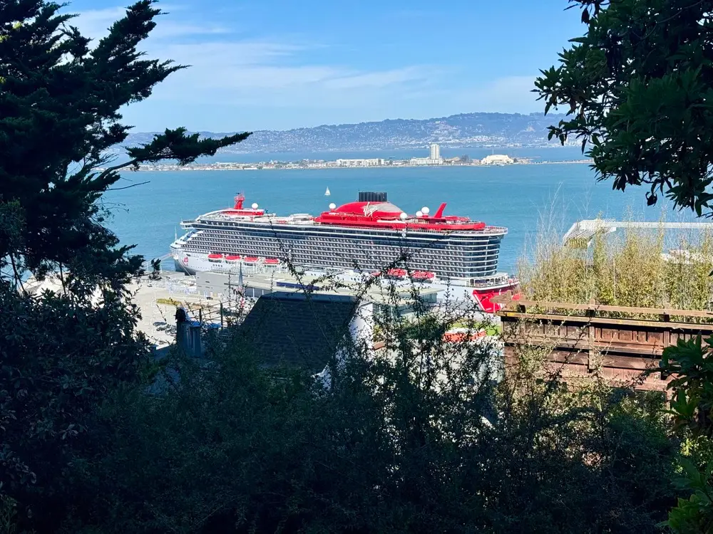 Virgin Voyages Brilliant Lady docked in San Francisco, seen from Telegraph Hill