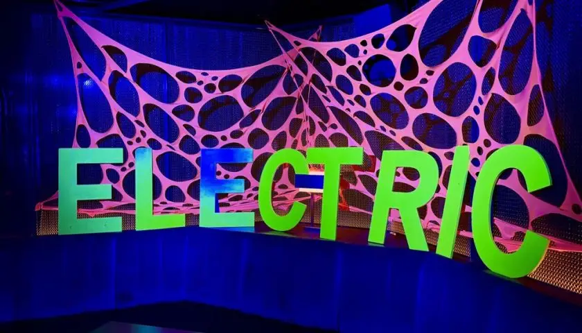 Neon Electric party sign in The Manor on Brilliant Lady