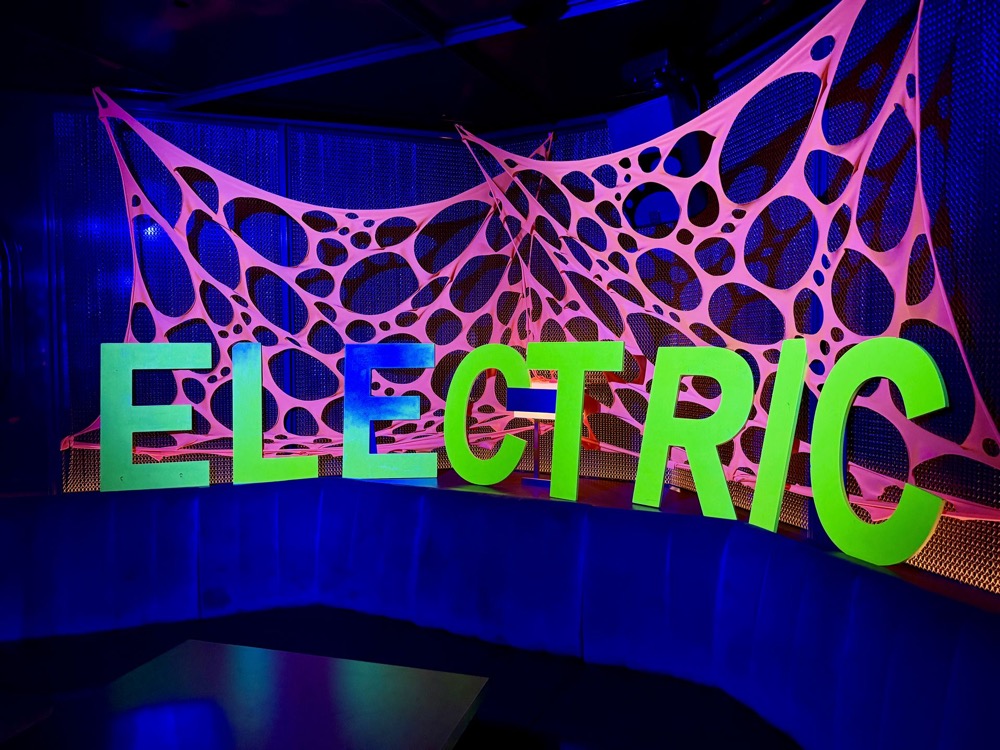 Neon Electric party sign in The Manor on Brilliant Lady
