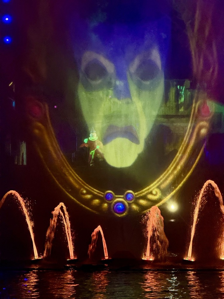 The Magic Mirror projected on water during Fantasmic! at Disneyland