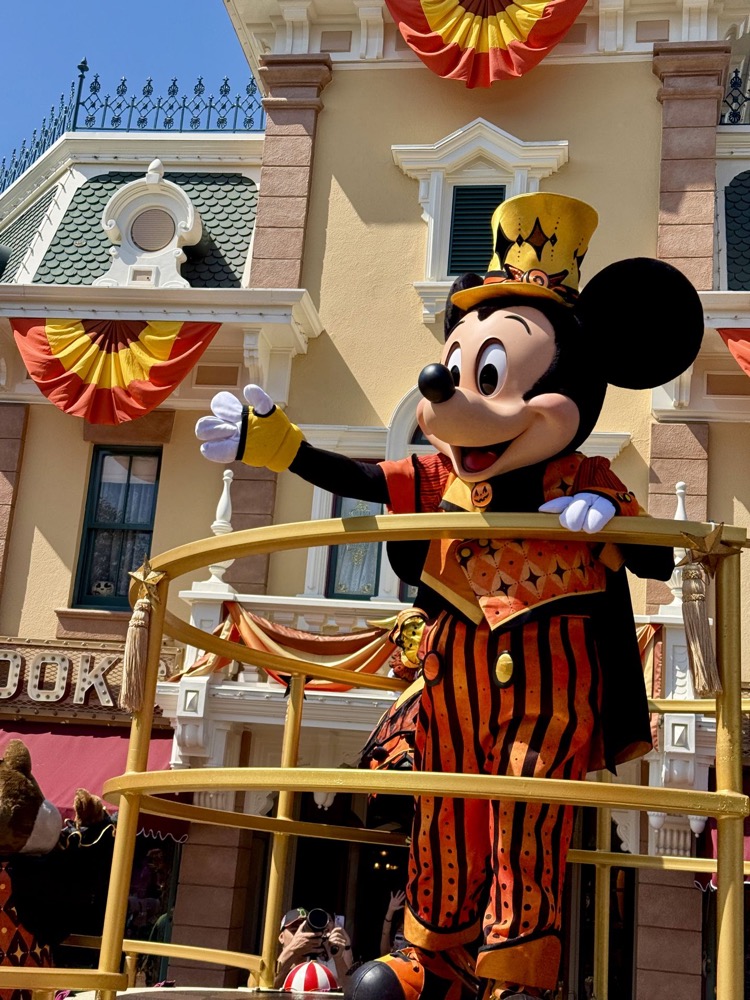 Mickey Mouse in Halloween costume on a Disneyland cavalcade float