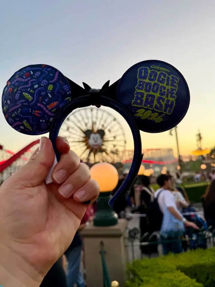 Oogie Boogie Bash Mickey ears in front of Pixar Pier