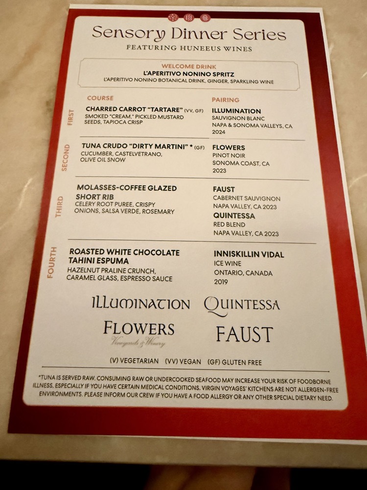 Sensory Dinner Series menu featuring Huneeus wines, Festival of Senses