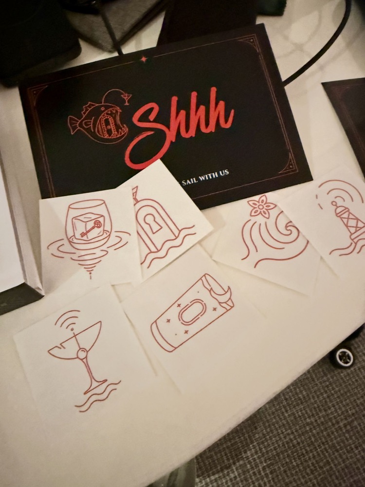 Shhh speakeasy menu cards on Virgin Voyages Brilliant Lady