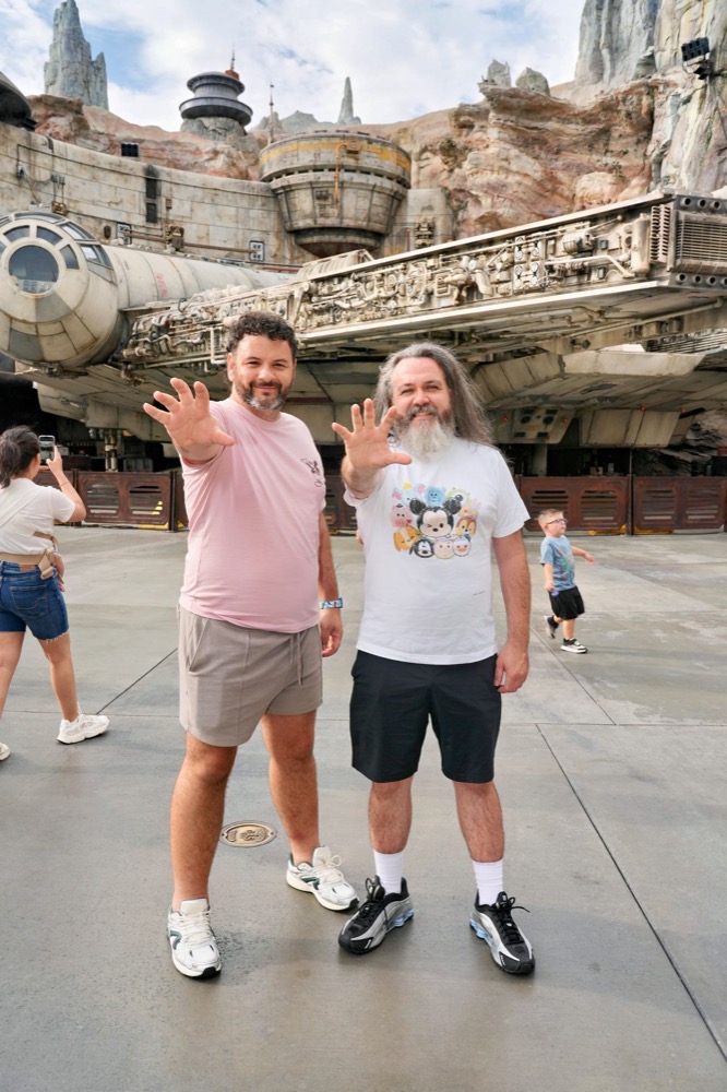 Kieran and Phil at the Millennium Falcon in Star Wars: Galaxy's Edge