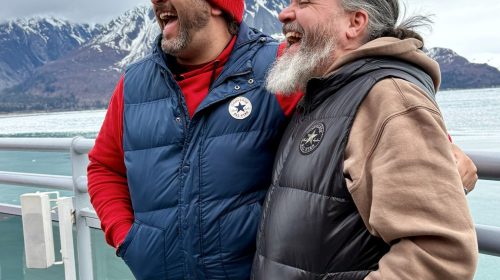 Kieran and Phil at Hubbard Glacier on Virgin Voyages Brilliant Lady