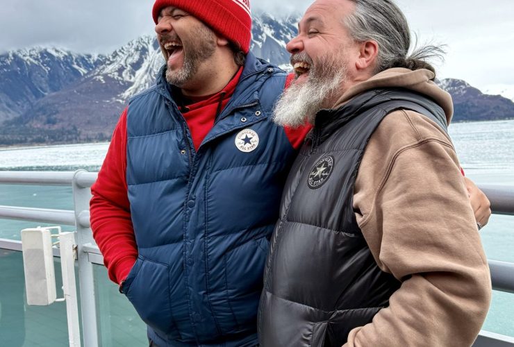 Kieran and Phil at Hubbard Glacier on Virgin Voyages Brilliant Lady