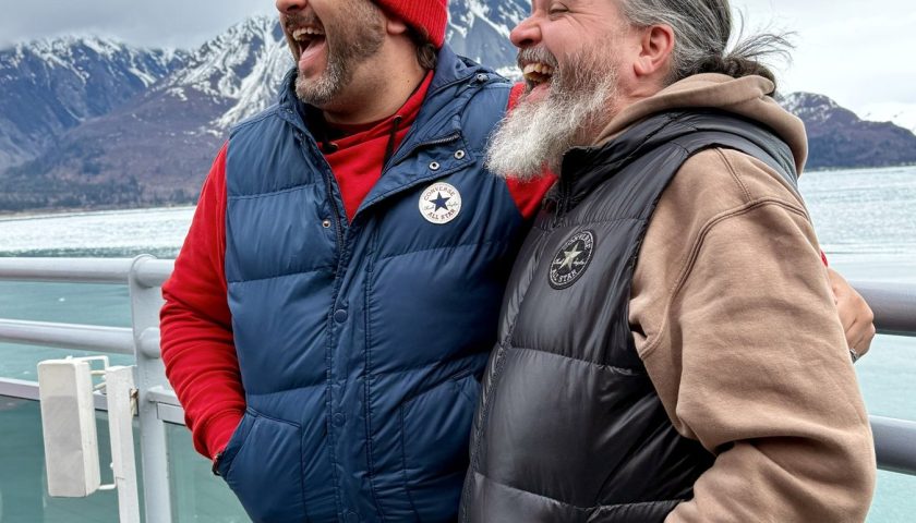 Kieran and Phil at Hubbard Glacier on Virgin Voyages Brilliant Lady
