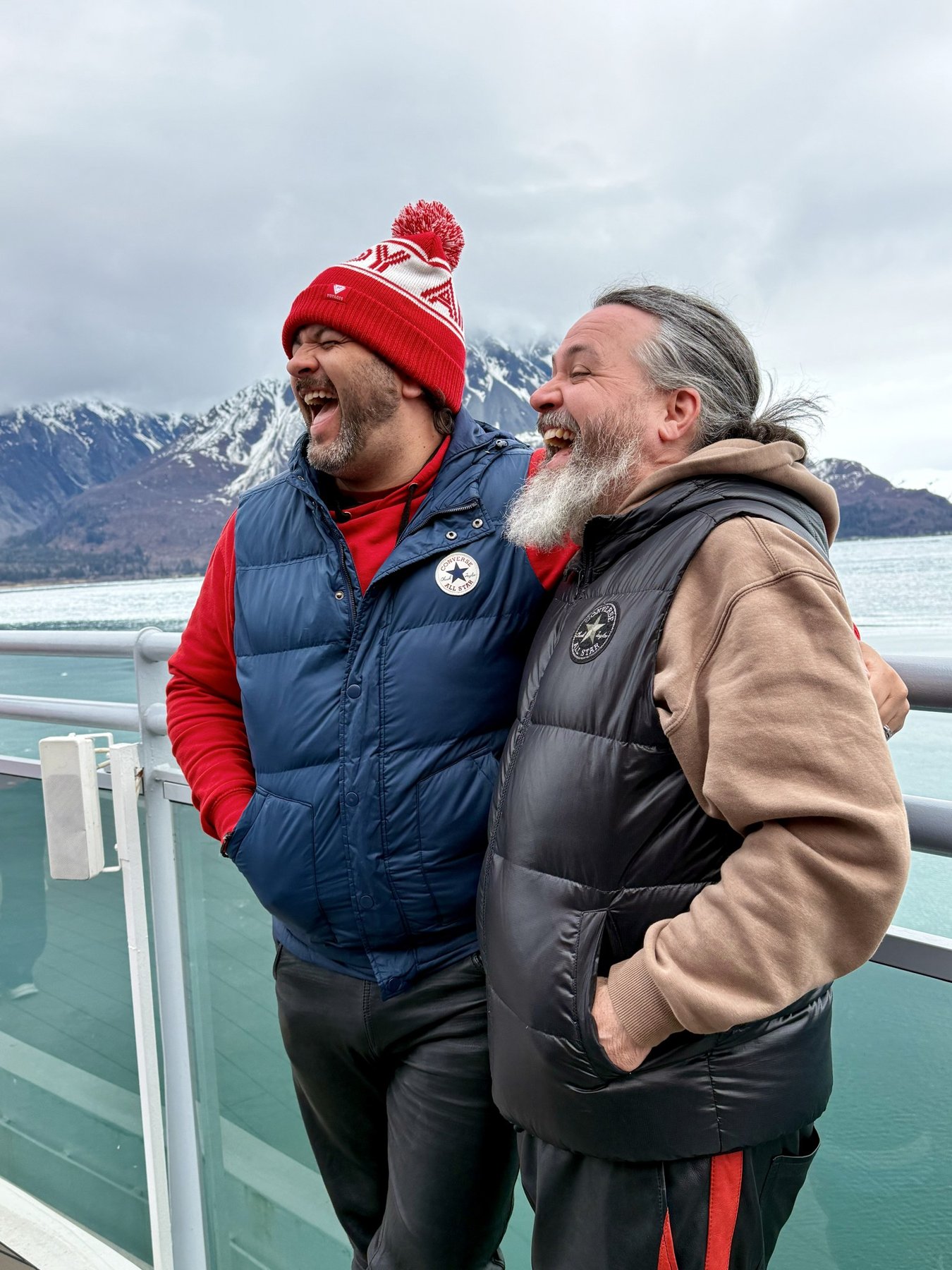 Kieran and Phil at Hubbard Glacier on Virgin Voyages Brilliant Lady