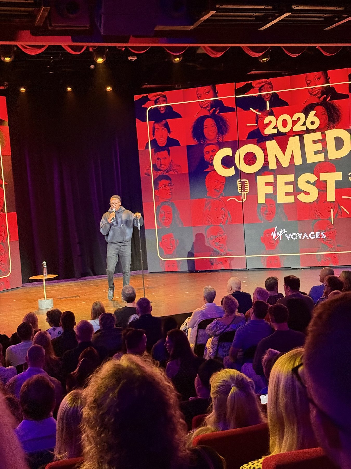 A comedian on stage at the UK Comedy Fest on Valiant Lady