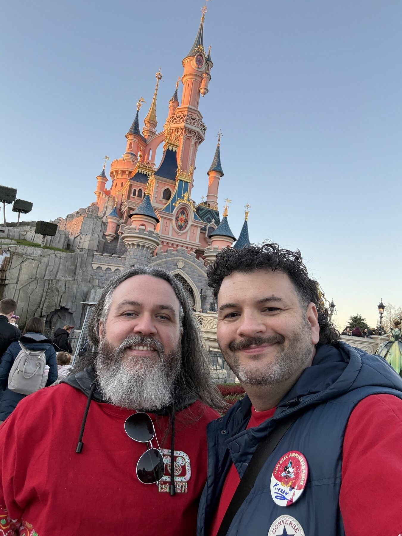 Kieran and Phil in front of Sleeping Beauty Castle, Disneyland Paris