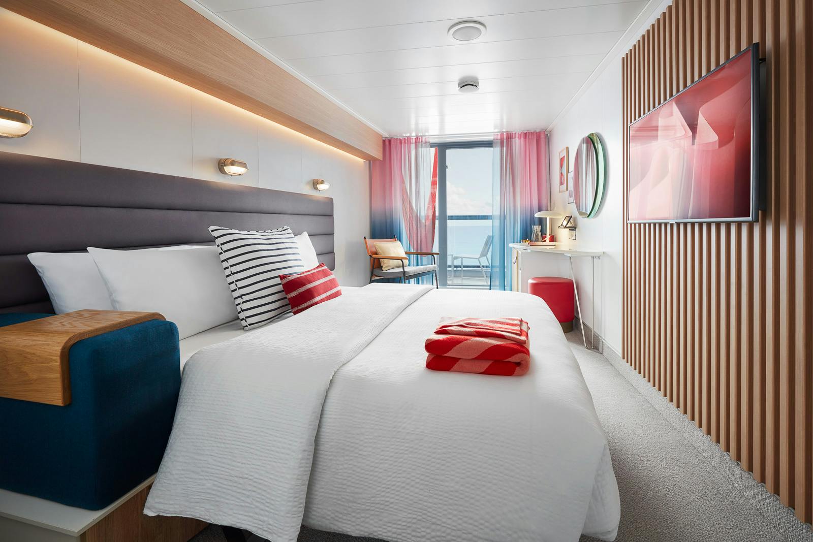 A Virgin Voyages Sea Terrace cabin with balcony and hammock