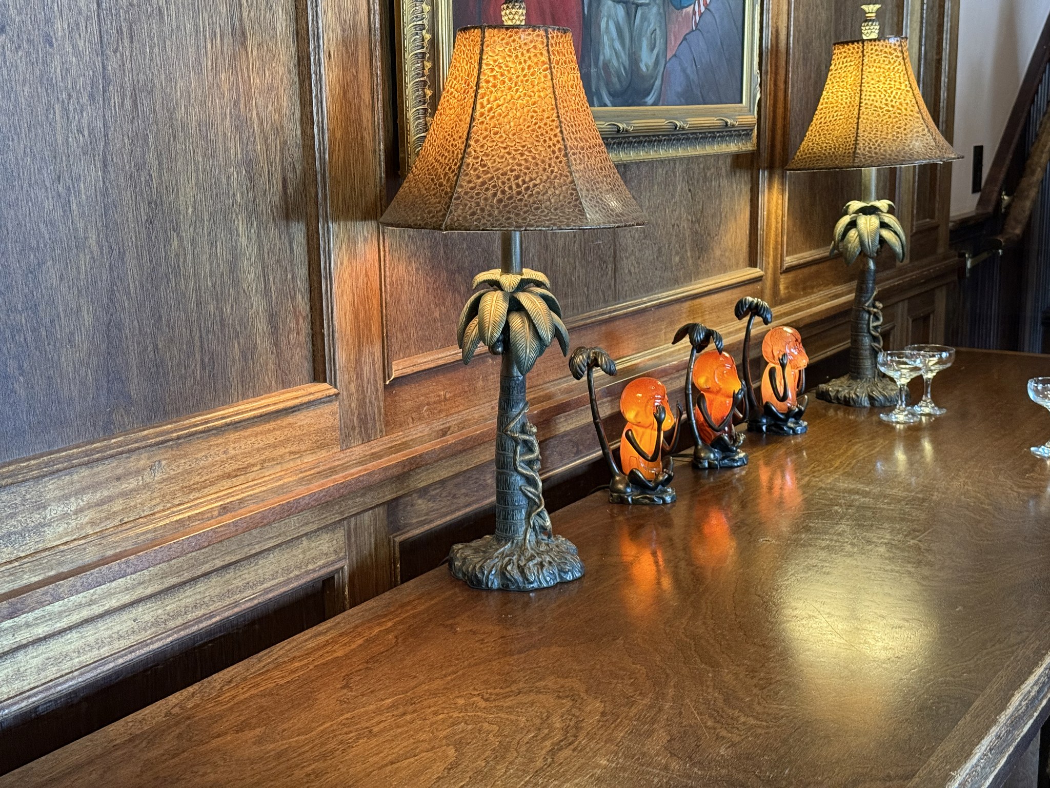 Orange lamps along the bar at the Red Onion Saloon in Skagway