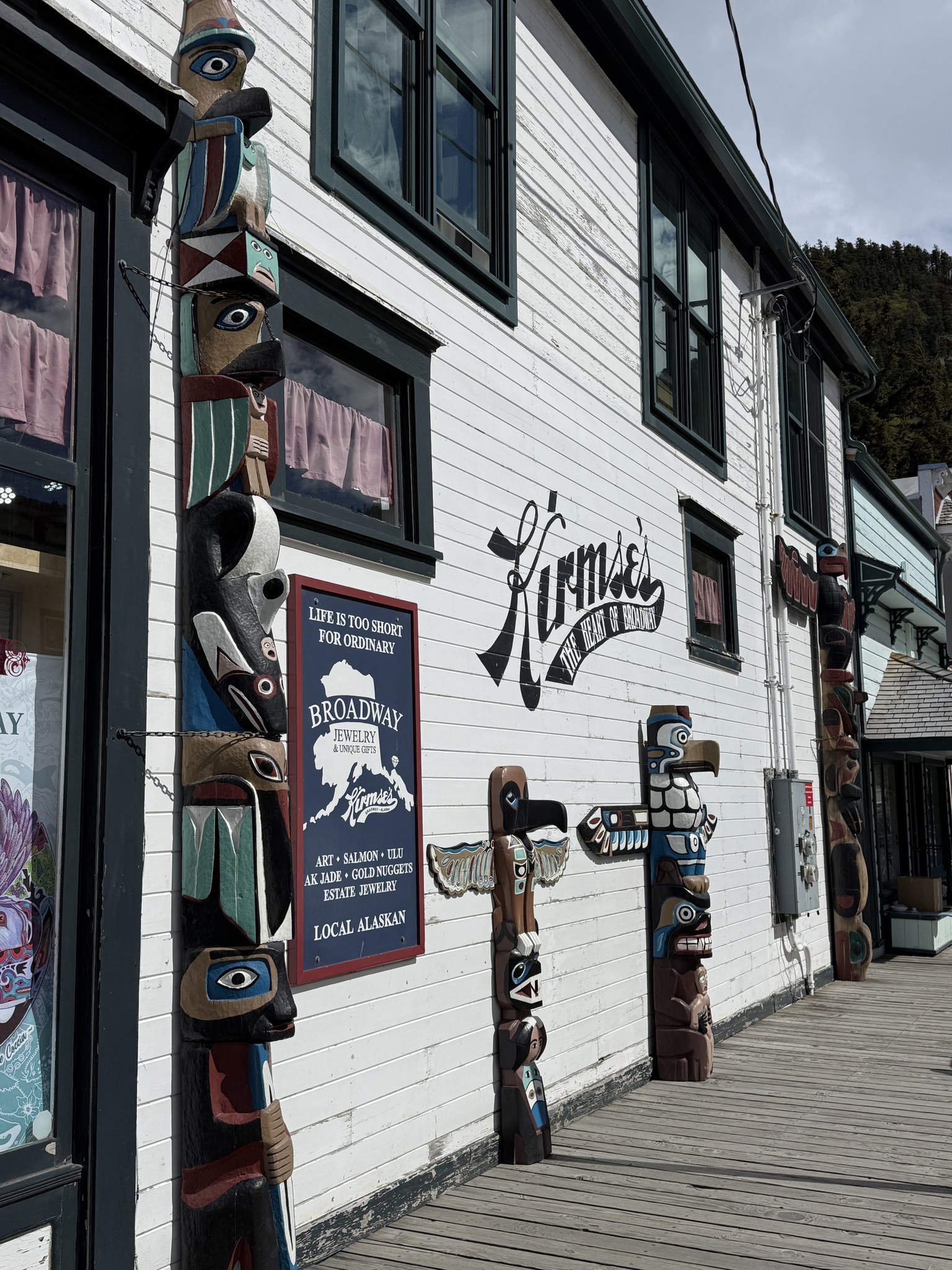 Kirmse's historic shopfront with carvings on Broadway, Skagway