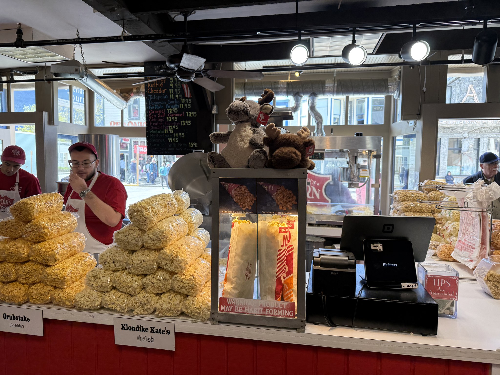 Bags of popcorn and treats in a sweet shop on Broadway, Skagway