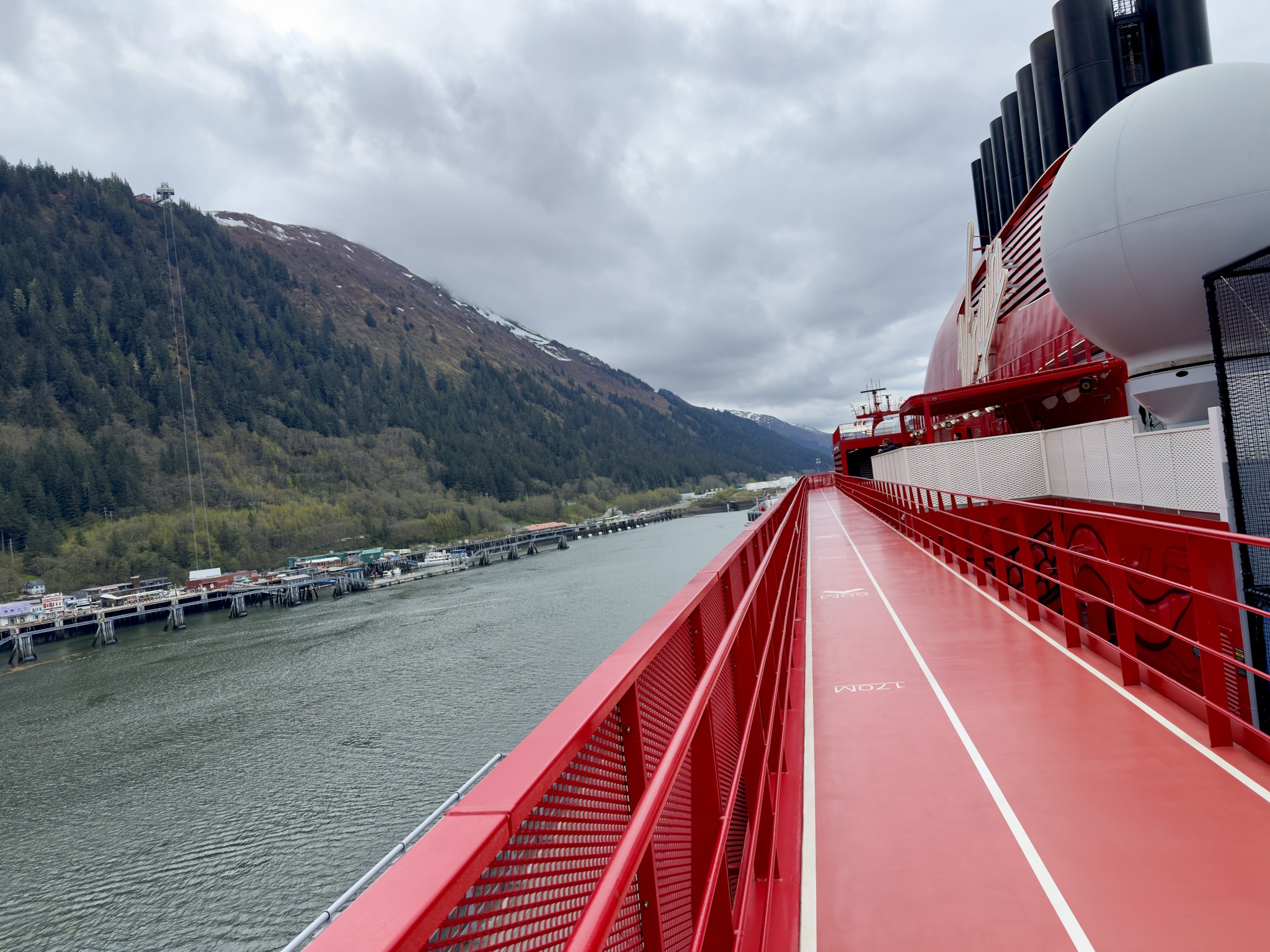 View of the Juneau waterfront from Brilliant Lady's red deck railings