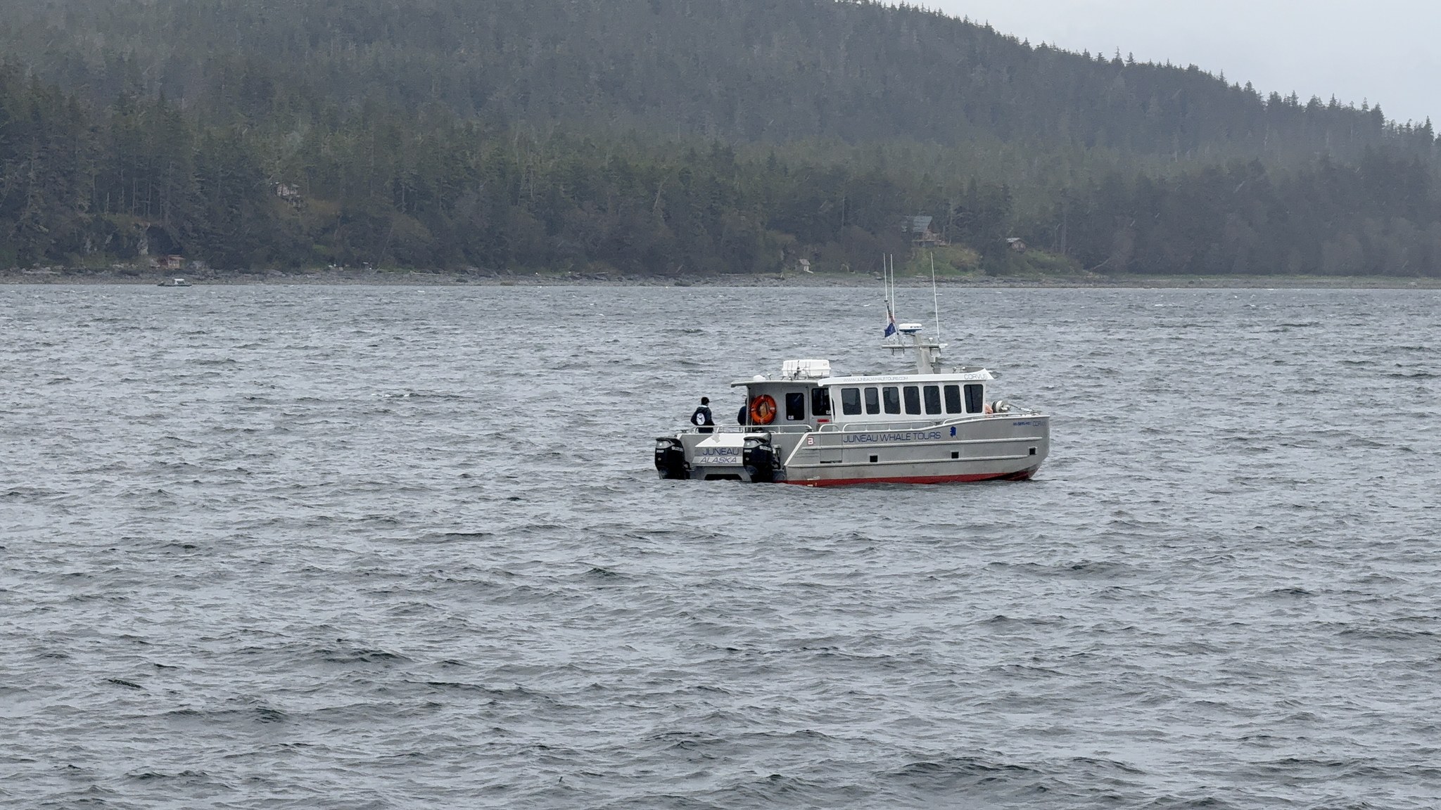 Small whale watching boat out on the water near Juneau, Alaska