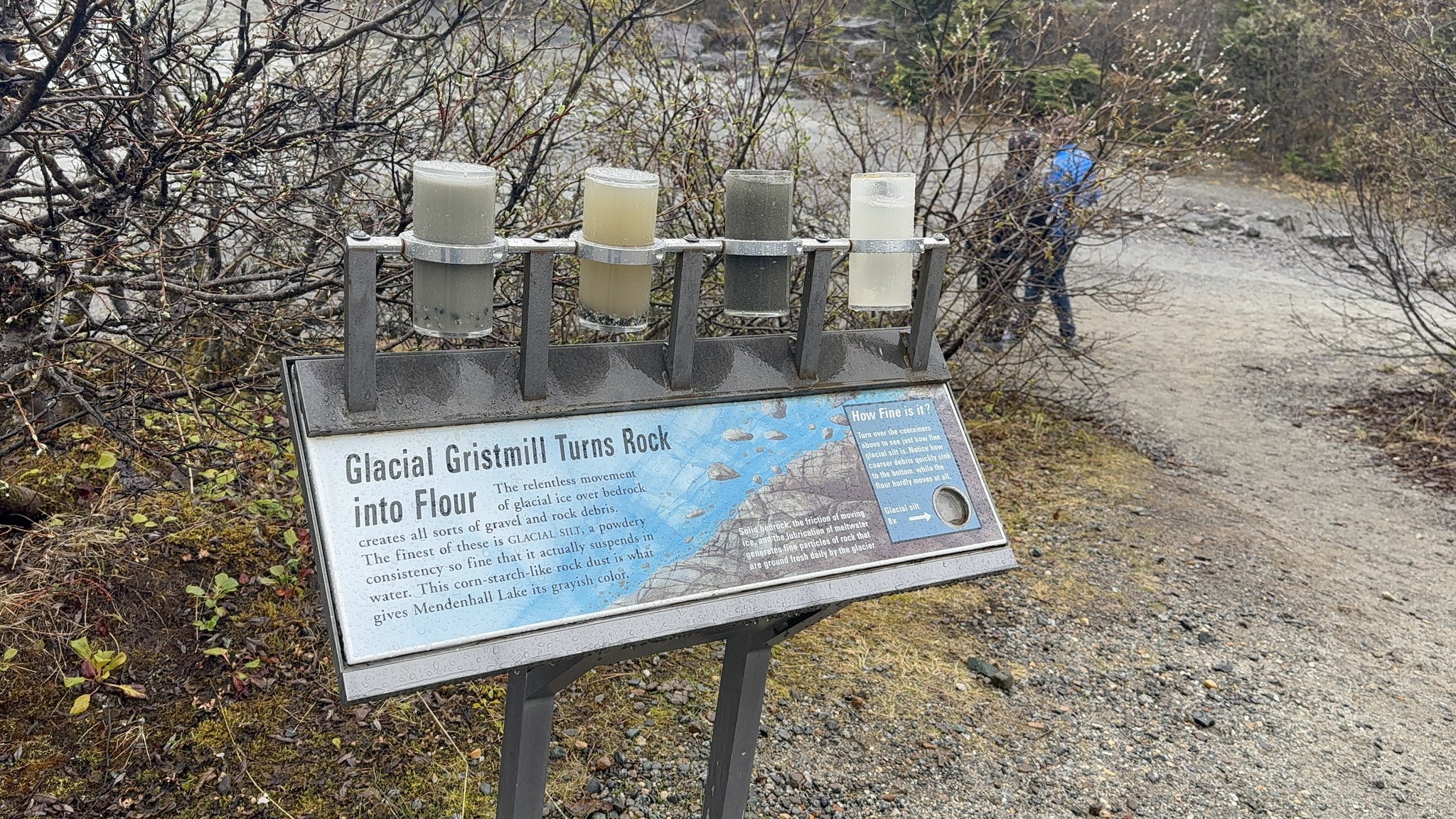 Interpretive sign explaining how a glacier grinds rock into flour, Mendenhall Glacier