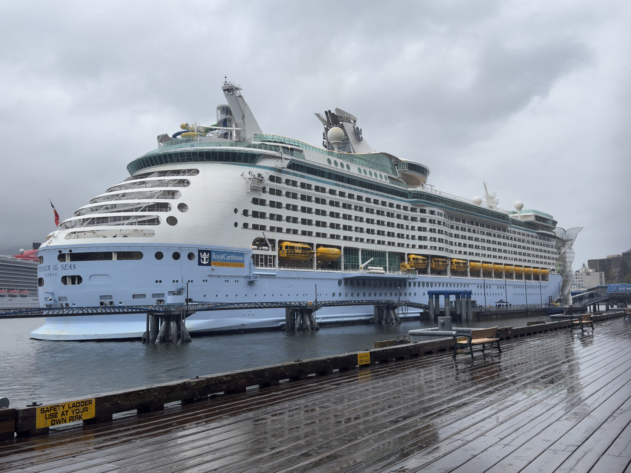 Large cruise ship tied up at one of Juneau's downtown berths