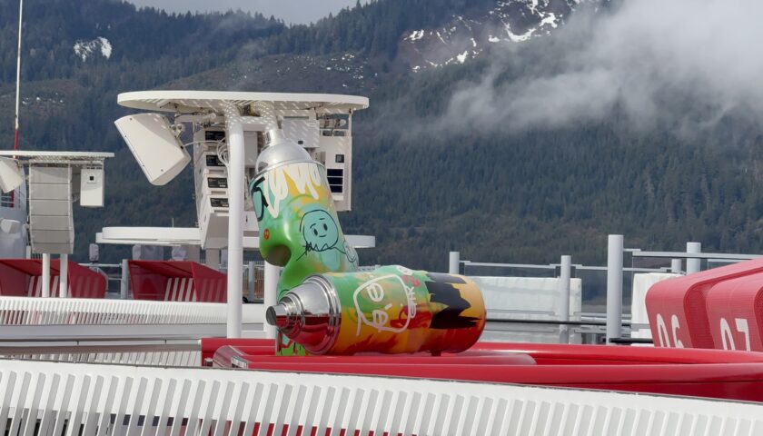 Brilliant Lady pool deck on a grey morning alongside at Icy Strait Point