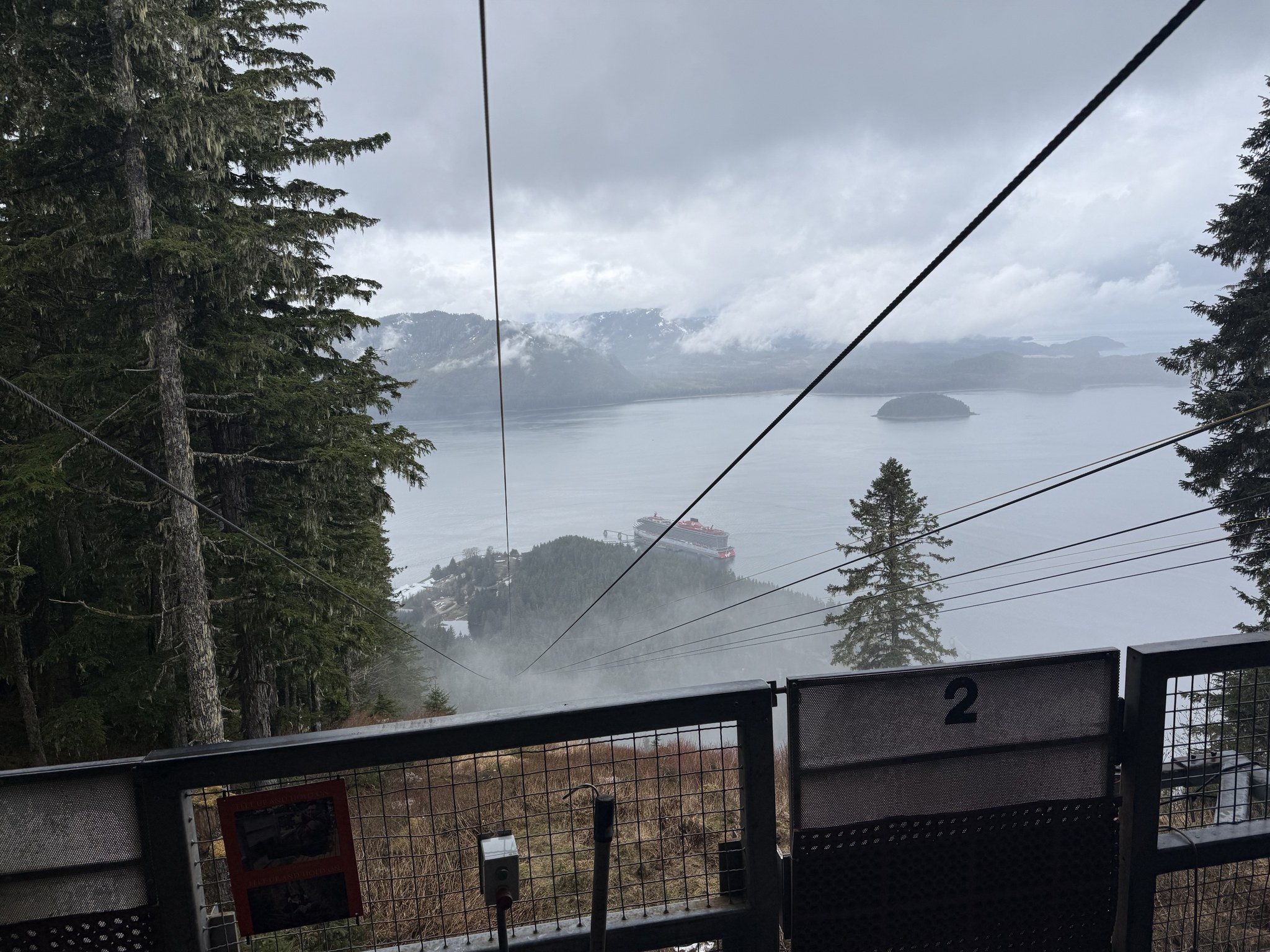 View from a mountain gondola through pine forest and low cloud in Alaska