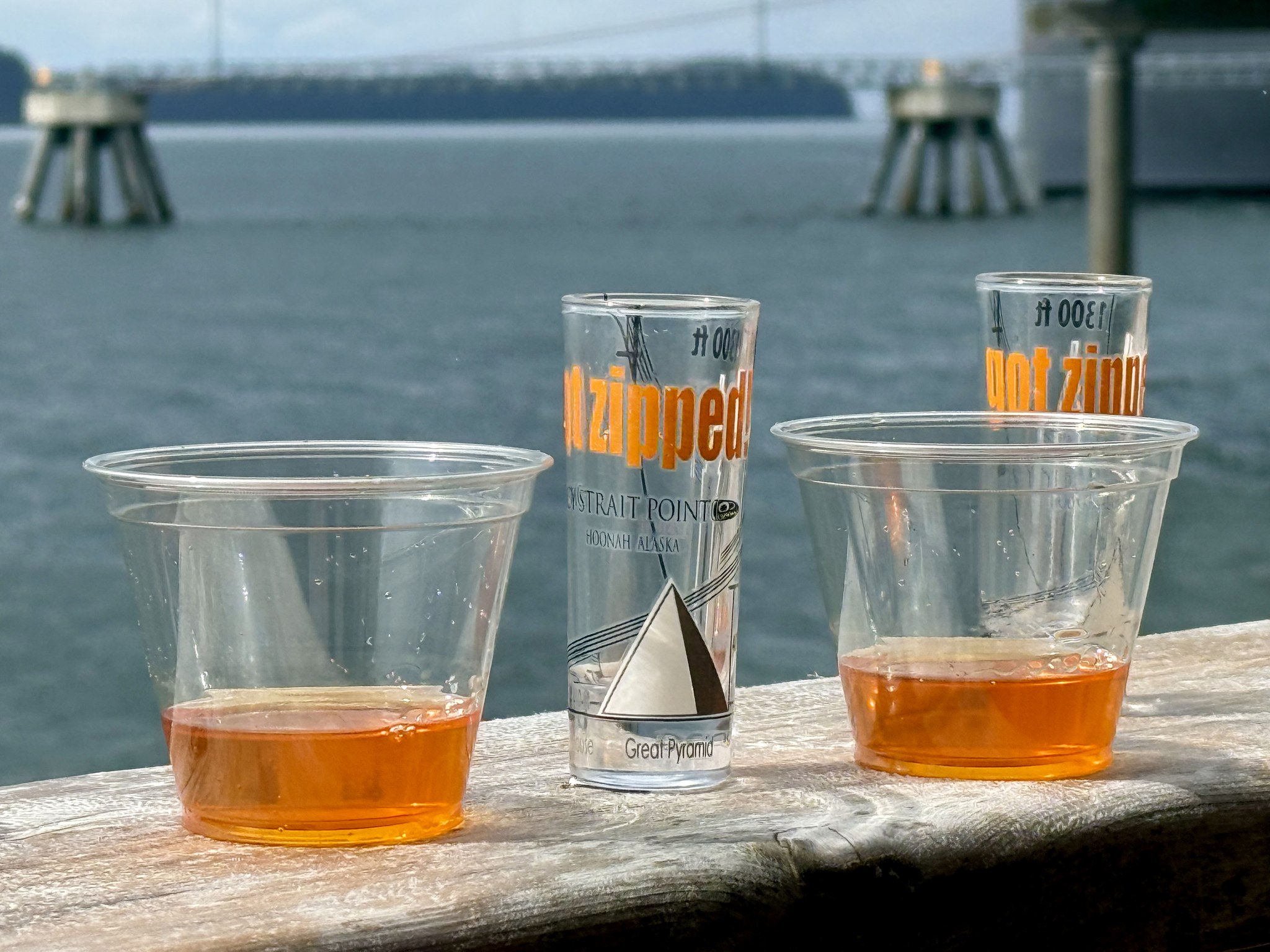 Drinks on a table overlooking the water at Icy Strait Point