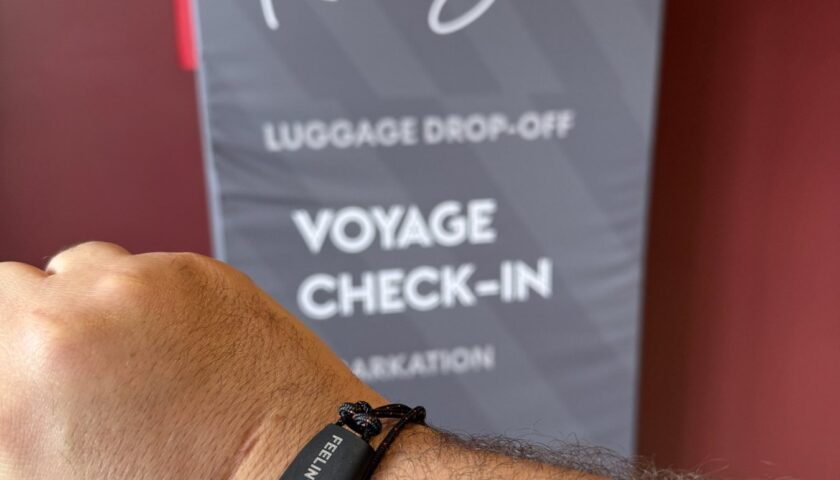 Ahoy RockStar luggage drop-off and check-in sign at Terminal V