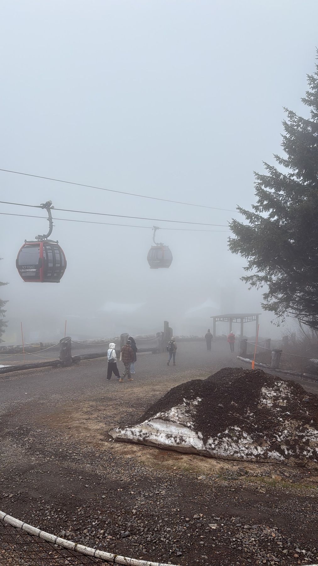The gondola disappearing into the fog at Icy Strait Point