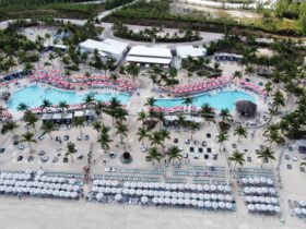Aerial view of Virgin Voyages' Beach Club at Bimini, with the pool, loungers and beach