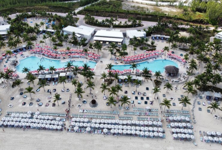 Aerial view of Virgin Voyages' Beach Club at Bimini, with the pool, loungers and beach