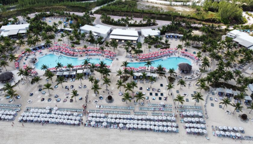 Aerial view of Virgin Voyages' Beach Club at Bimini, with the pool, loungers and beach