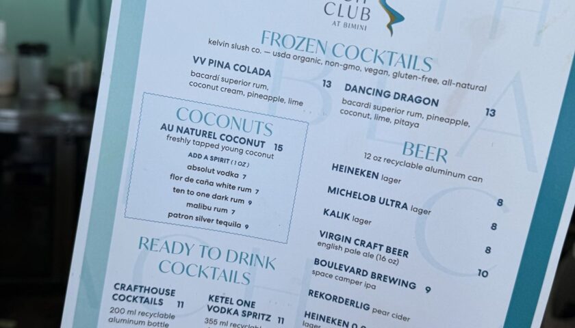 Frozen cocktails and coconuts drinks menu at the Beach Club at Bimini