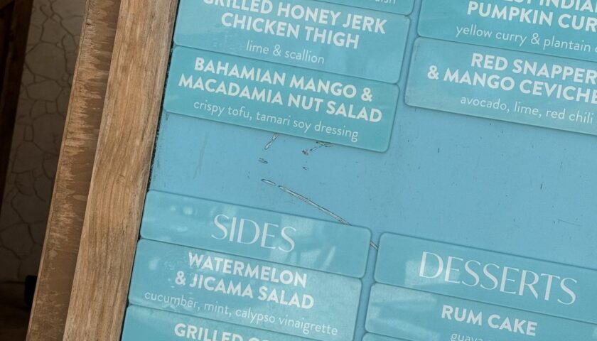 Lunch menu board at the Beach Club at Bimini, April 2026