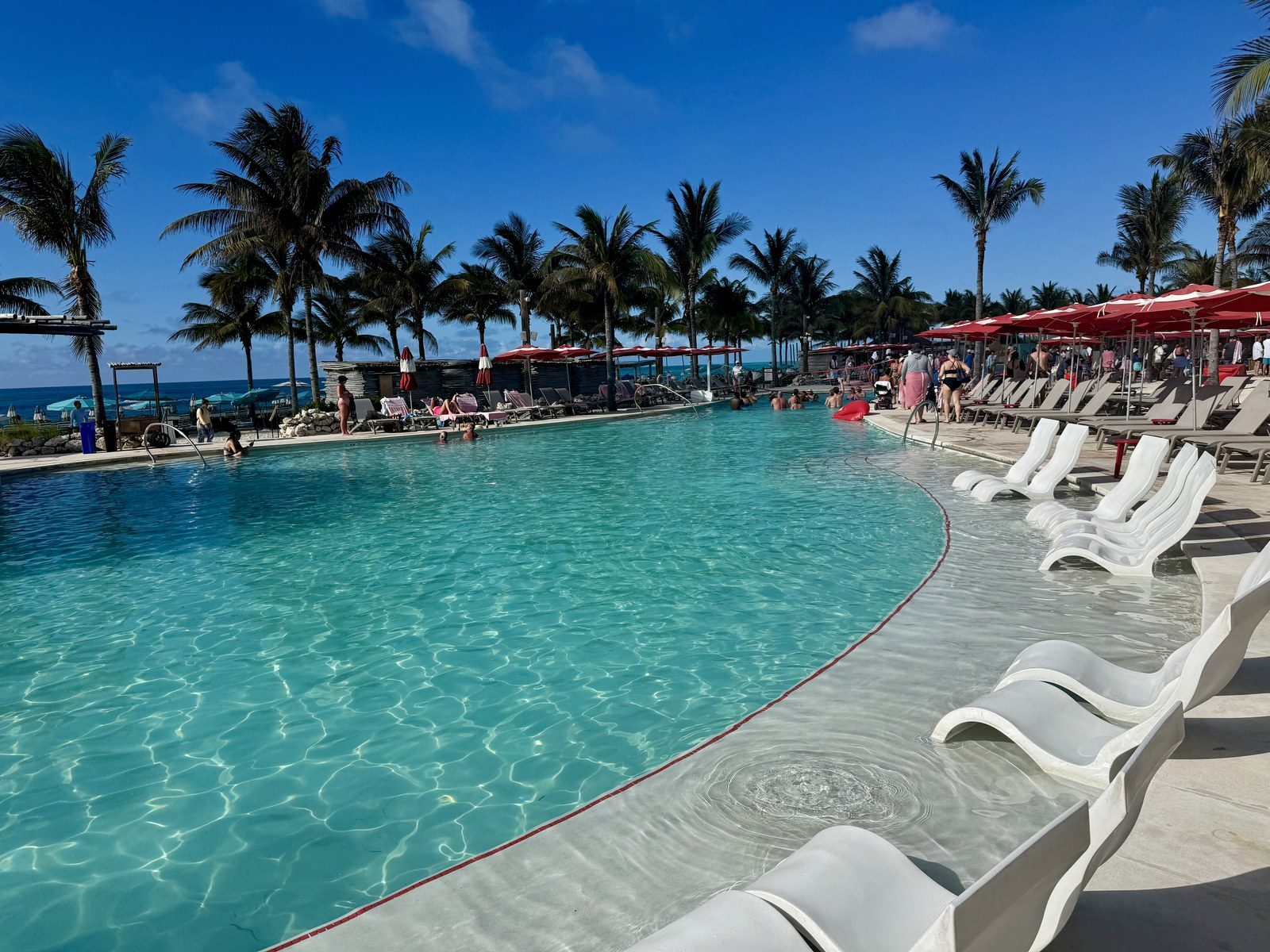 The pool at The Beach Club at Bimini with palm trees