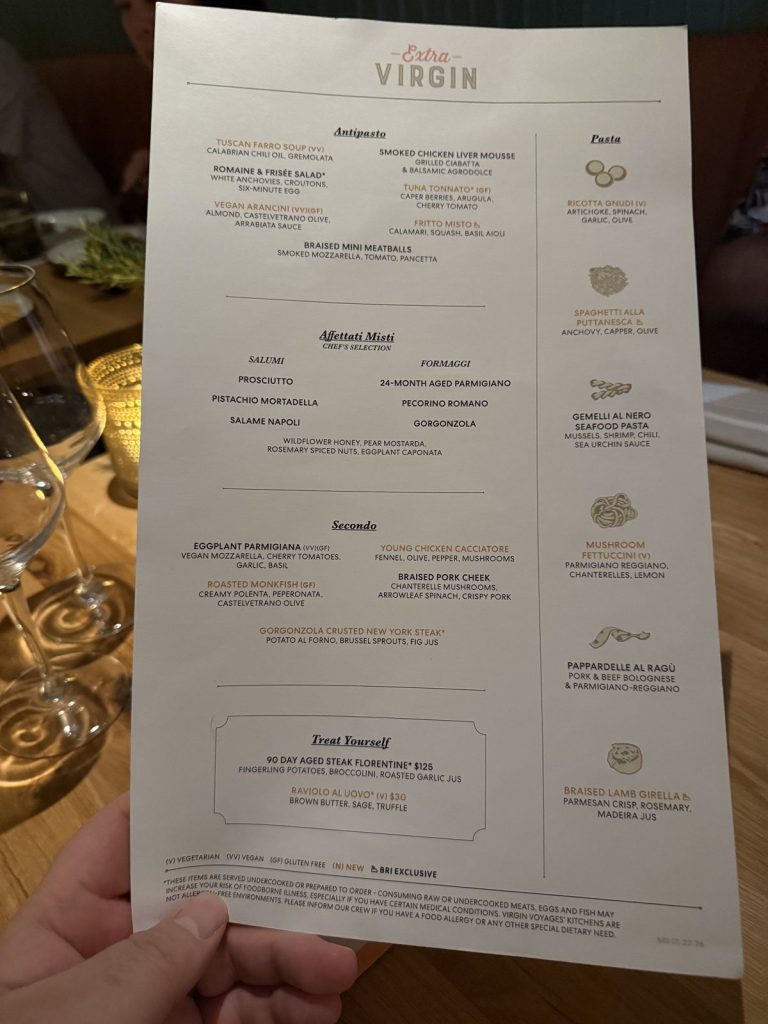 Brilliant Lady Extra Virgin Dinner Menu (September 2026)