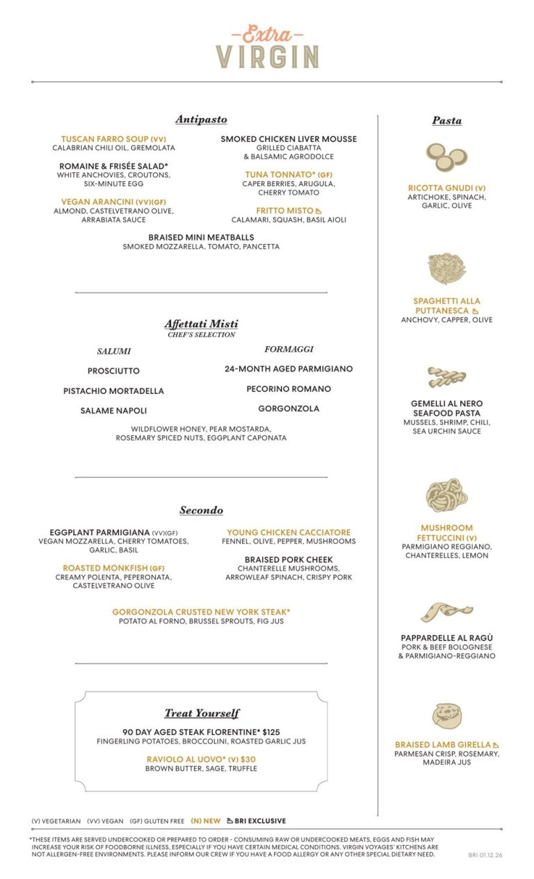 Brilliant Lady Extra Virgin ship exclusive dinner menu, Virgin Voyages digital menu, 2026