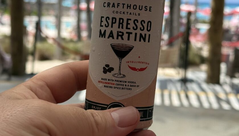 A canned espresso martini at the Beach Club at Bimini