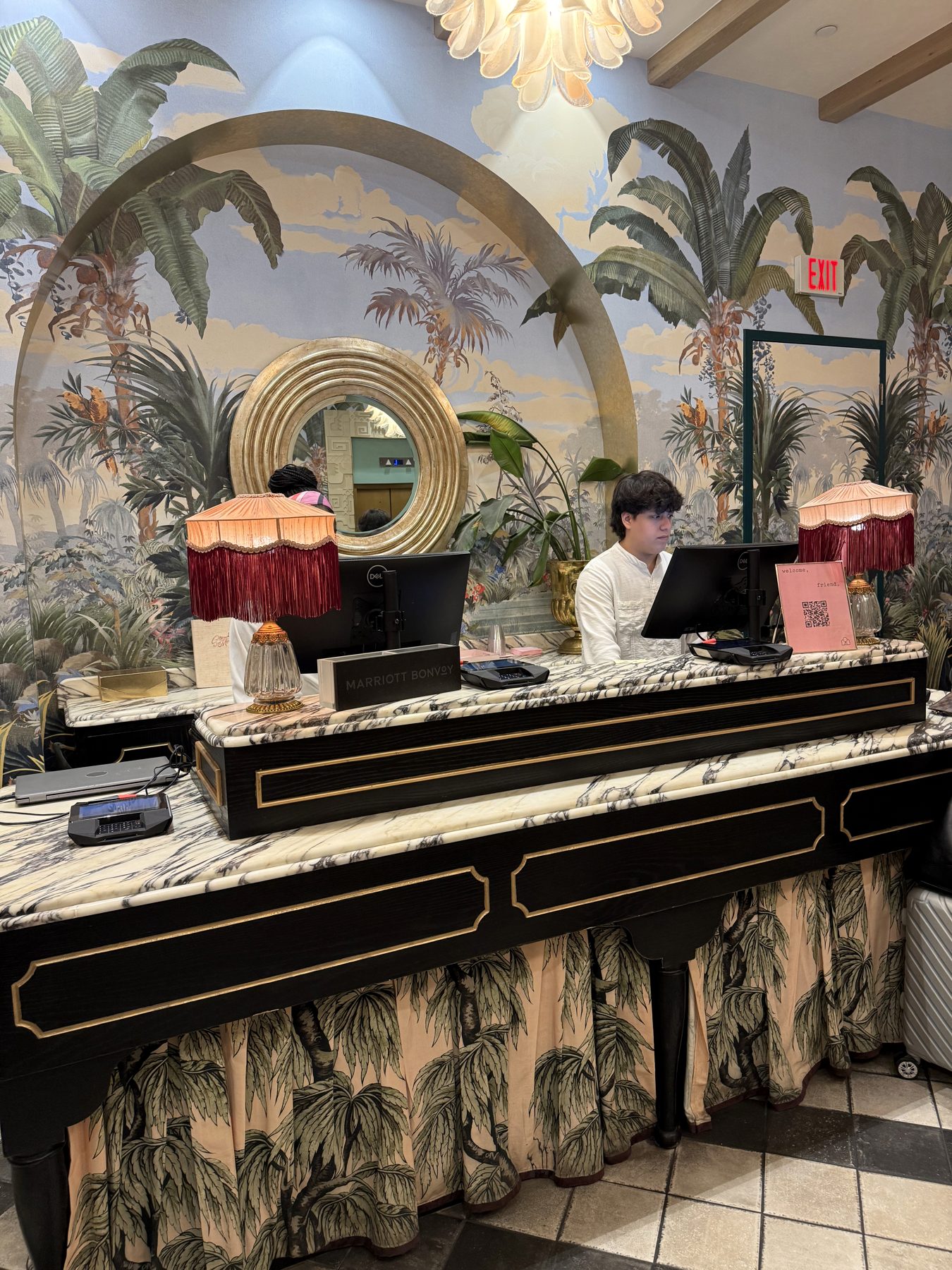 The palm-print reception desk at The Goodtime Hotel in Miami Beach