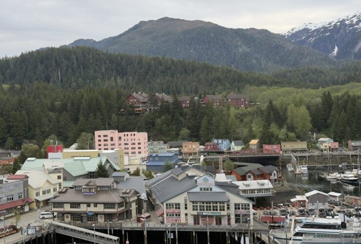 Ketchikan harbour and downtown with forested mountains behind